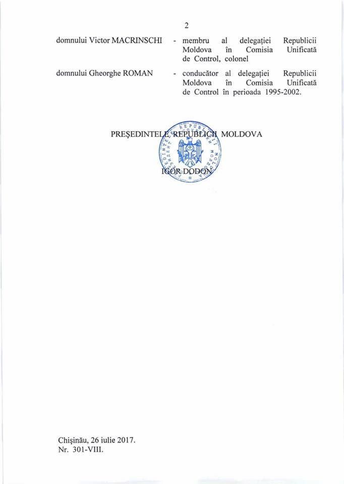 Додон наградил участников Миротворческой операции на Днестре