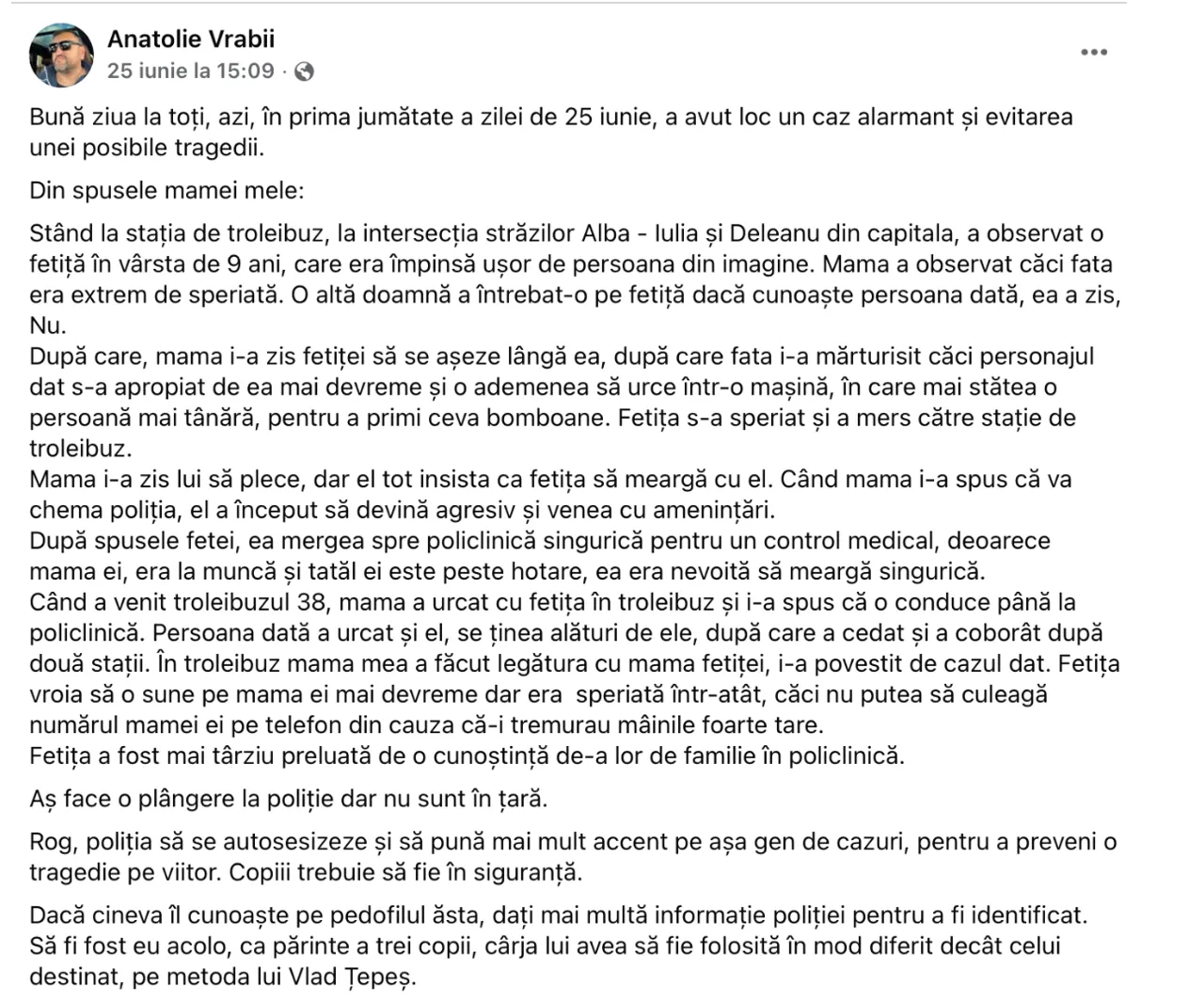 Caz șocant la Buiucani: Un individ ar fi urmărit o fetiță de 9 ani, încercând să o ademenească în mașină