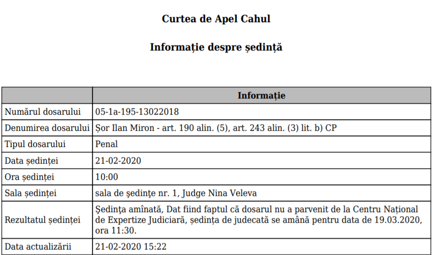 Апелляционная палата Кагула отложила слушание по делу Шора в 23-й раз