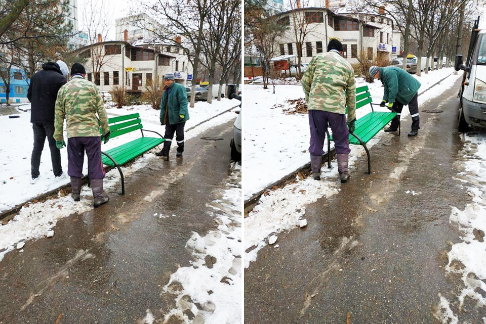 На Ботанике рабочие устанавливали и красили скамейки, несмотря на непогоду