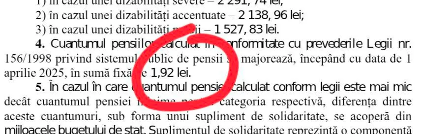 Pensiile calculate conform Legii privind sistemul public de pensii vor fi majorate cu o sumă fixă de 1,92 lei