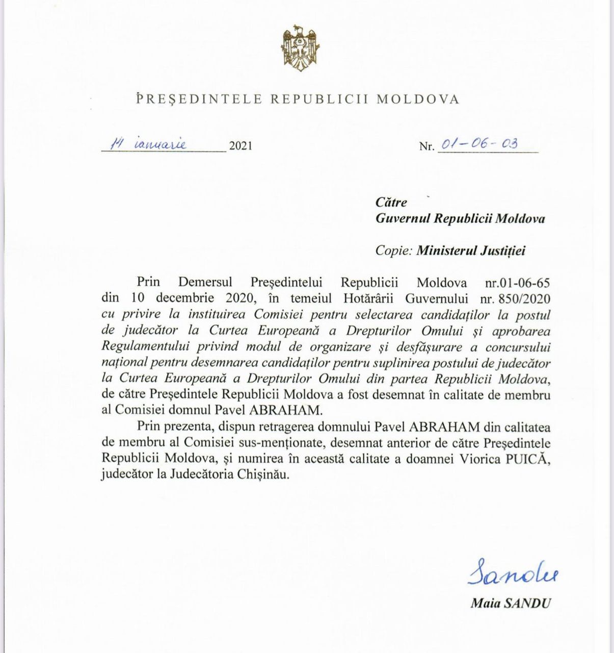 Решением Санду Павел Абрахам исключен из состава Комиссии по отбору судей ЕСПЧ