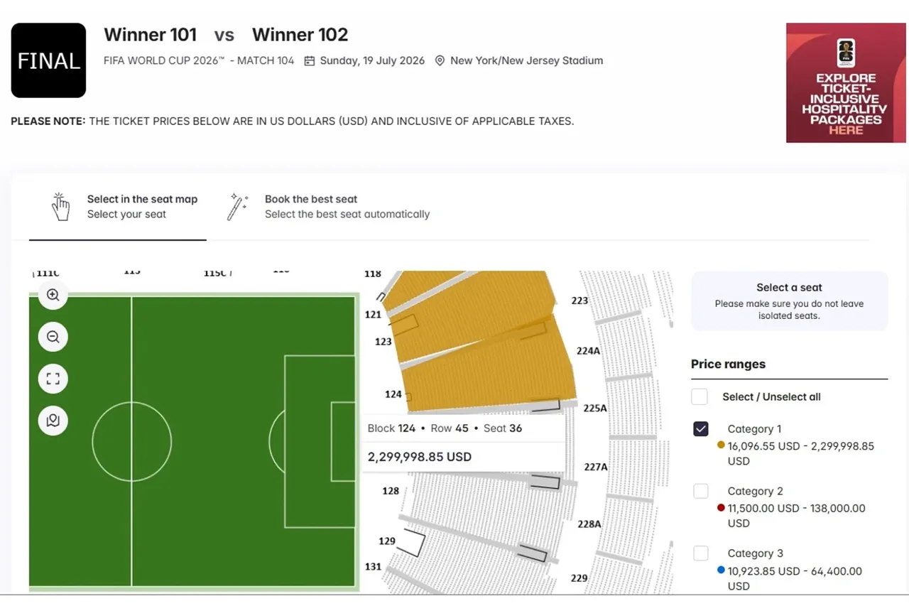 Билеты на финал ЧМ-2026 по футболу продают по цене 1,9 млн евро за штуку