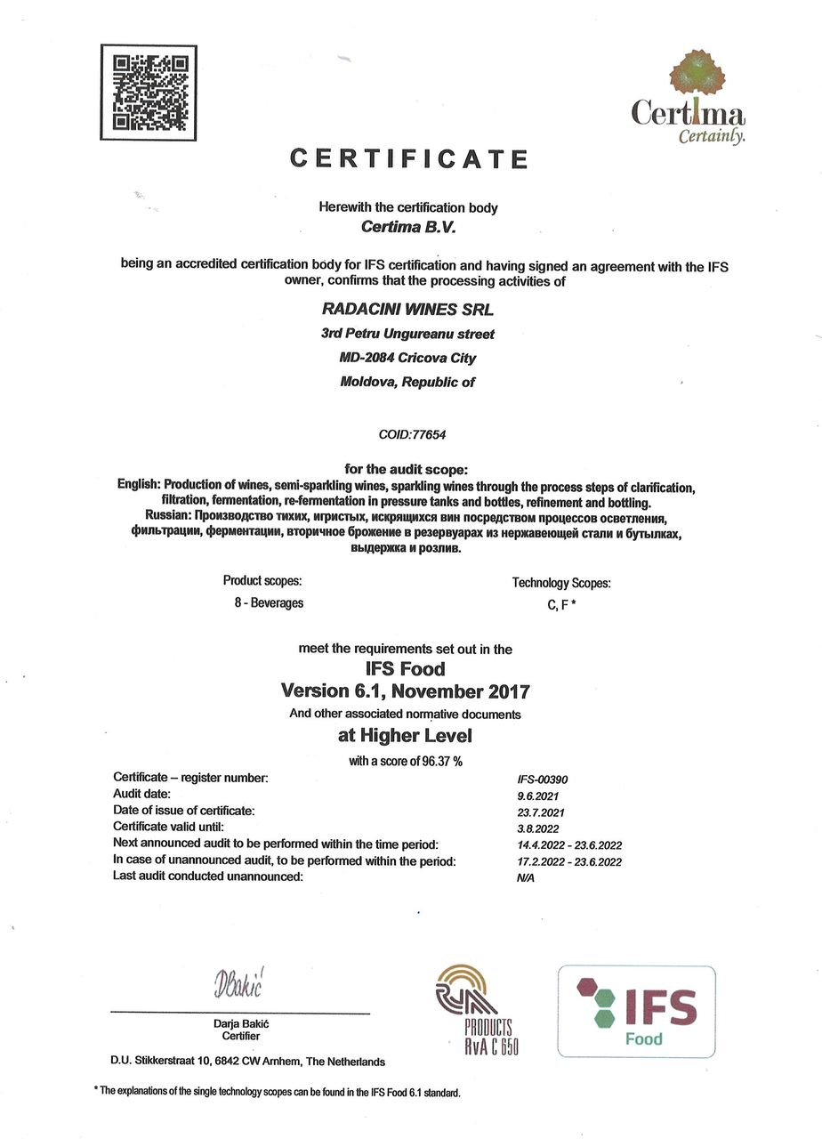 Radacini Wines стал первым в Молдове обладателем BRC Food Safety и IFS сертификатов