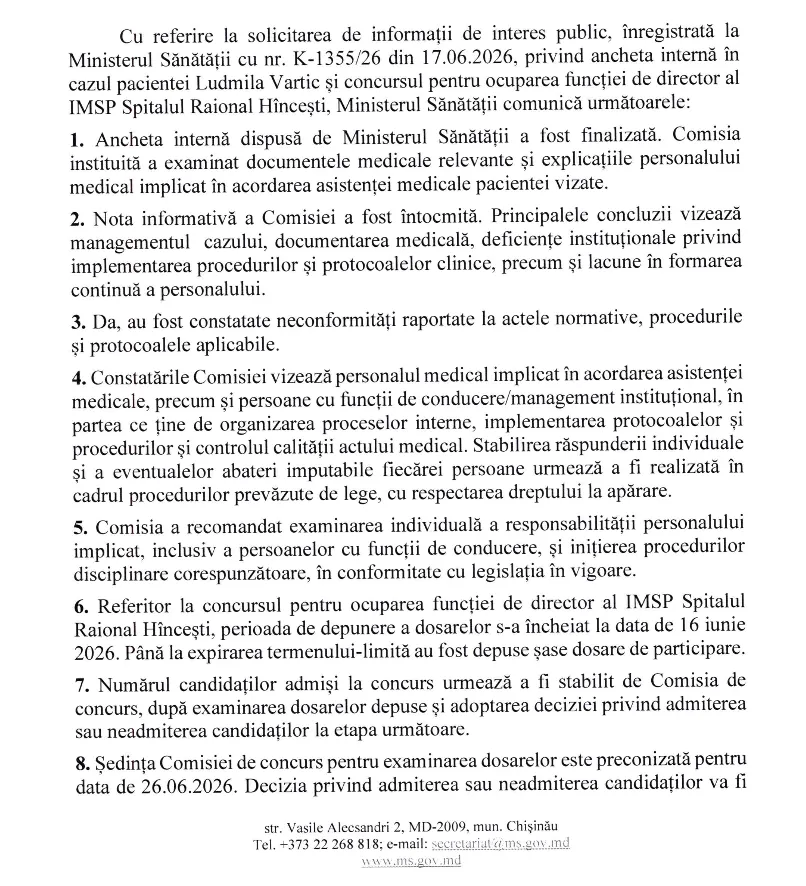 Ministerul Sănătății a descoperit nereguli în cazul Ludmilei Vartic la Spitalul din Hâncești