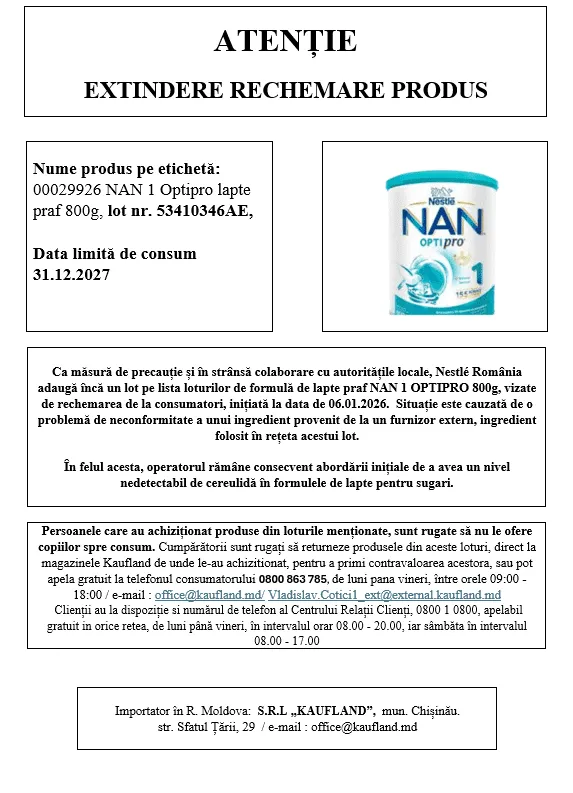 ANSA retrage un alt lot de lapte praf NAN pentru sugari: A fost depistată o substanță periculoasă