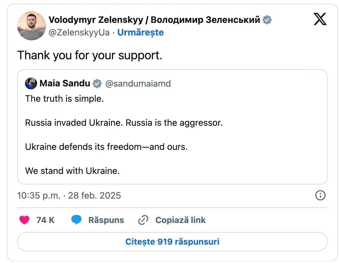 Зеленский поблагодарил Санду за слова поддержки после его встречи с Трампом