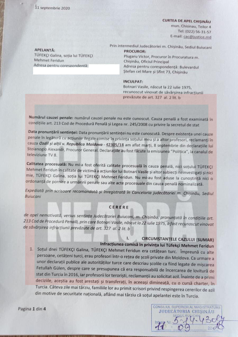Жена одного из турецких учителей обжаловала решение суда по Ботнарю