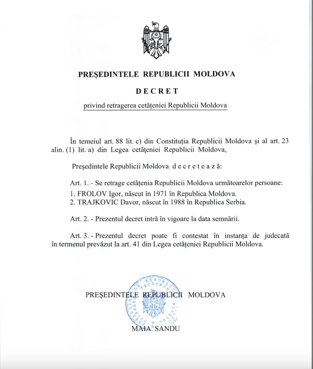 Sandu a retras cetățenia R. Moldova pentru încă două persoane