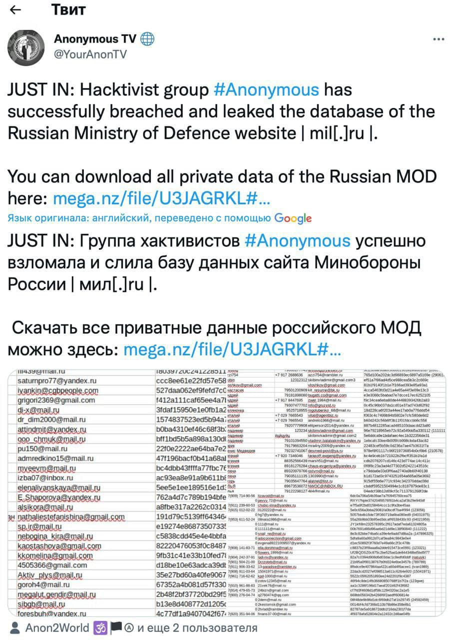 Хакеры Anonymous взломали базу данных Минобороны России