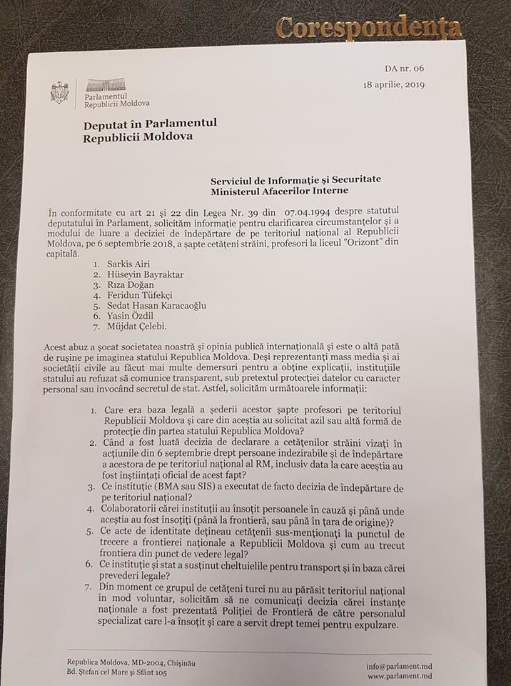 Депутаты Acum запросили информацию у СИБ и МВД по учителям лицея "Orizont"