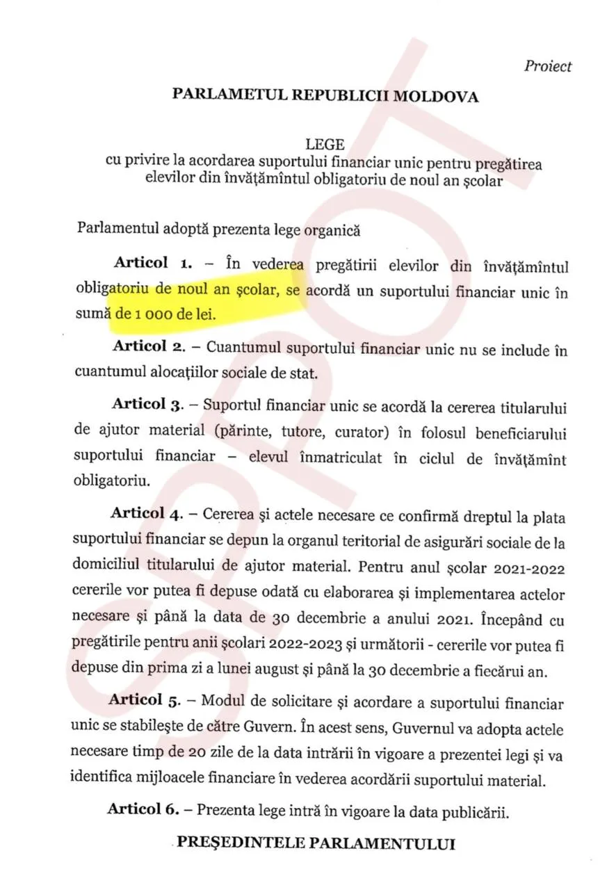 Ajutorul de 1.000 de lei pentru elevi a fost propus de BCS în 2021, însă PAS a respins inițiativa