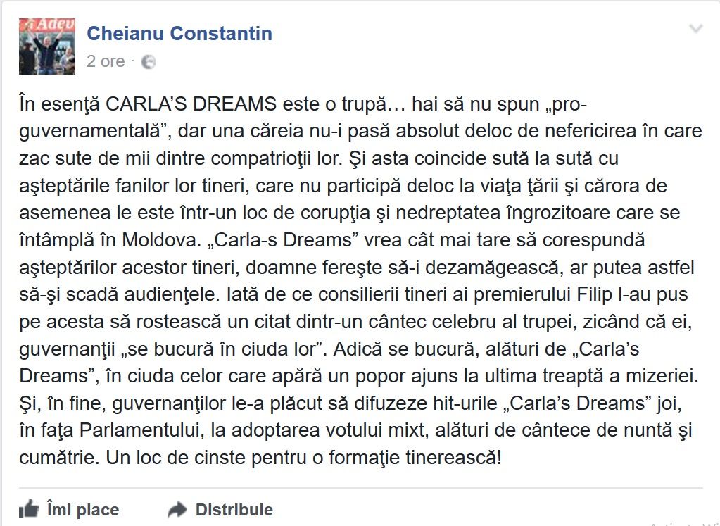 O comite din nou! Constantin Cheianu atacă trupa Carla's Dreams