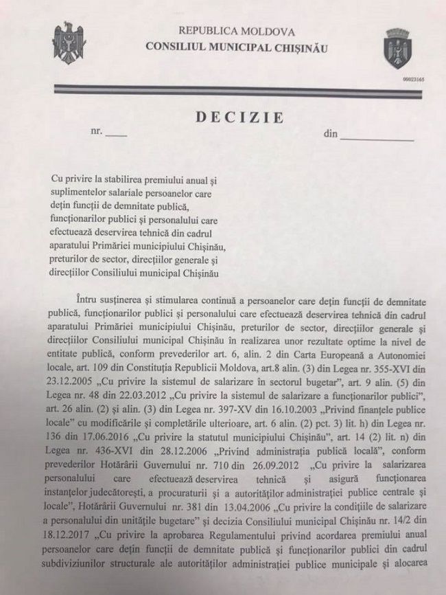 Социалисты в мунсовете Кишинева предложили премировать достойных госслужащих