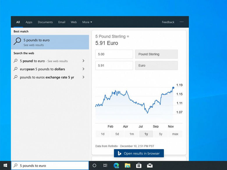 Поисковая панель Windows 10 стала полноценным мини-браузером