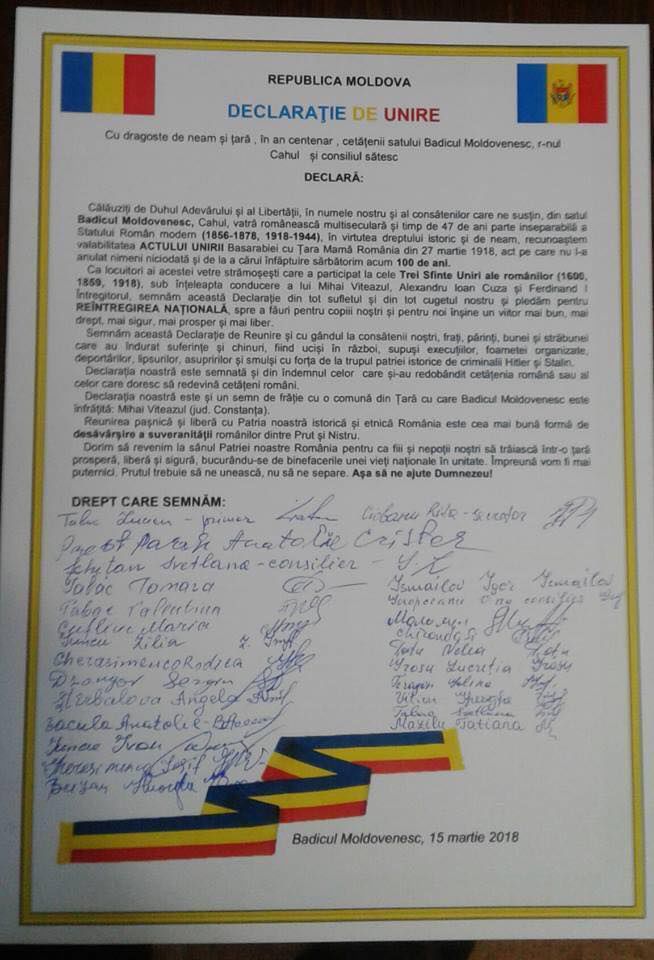 Satul Badicul Moldovenesc, raionul Cahul a semnat Declarația de Unire: 115, în lista semnatarilor
