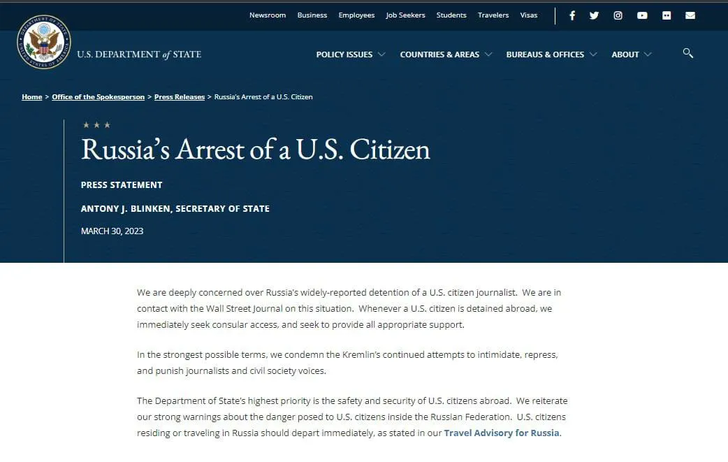 Блинкен призвал американцев срочно покинуть Россию после ареста журналиста WSJ