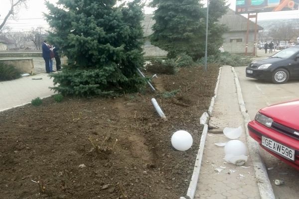 В Комрате автомобиль сбил фонарь и две ели прямо у здания примэрии