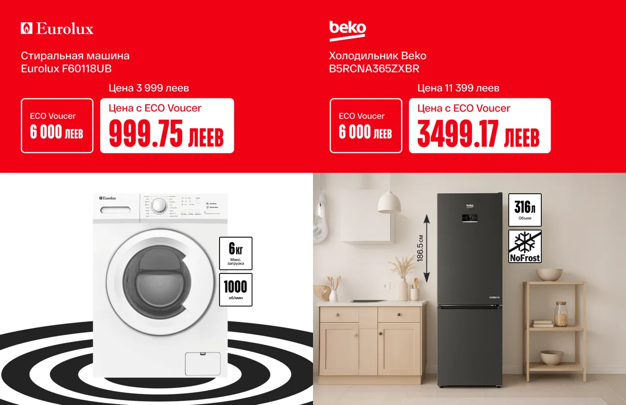 Bomba: Cтиральные машины и холодильники от 999 леев с EcoVoucher
