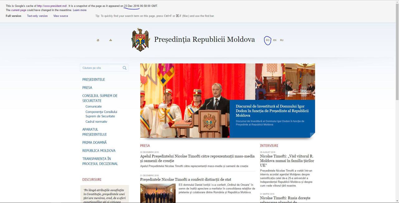 În prima zi de mandat a lui Igor Dodon, „moldoveneasca” a devenit limba oficială a site-ului președinției