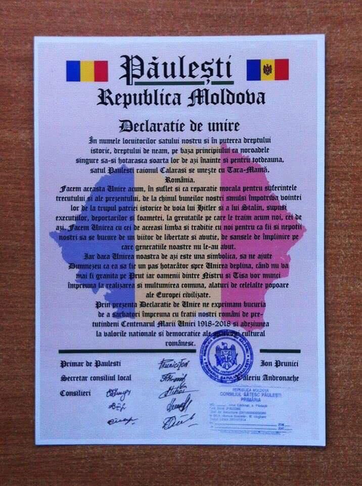 Declarații de Unire semnate la Păulești, raionul Călărași și Sinești, raionul Ungheni