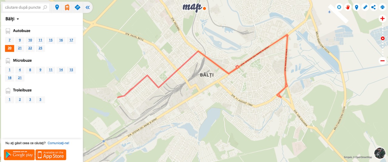Point Map: rutele transportului public ale orașului Bălți