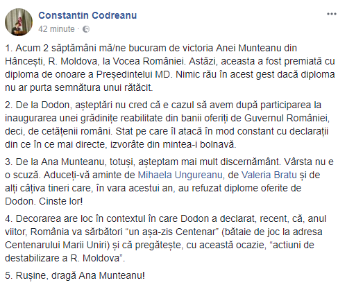 Deputatul Constantin Codreanu: Rușine, dragă Ana Munteanu
