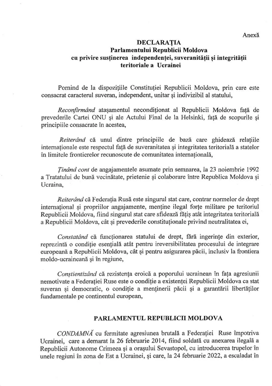Parlamentul Republicii Moldova a susținut independența și integritatea Ucrainei