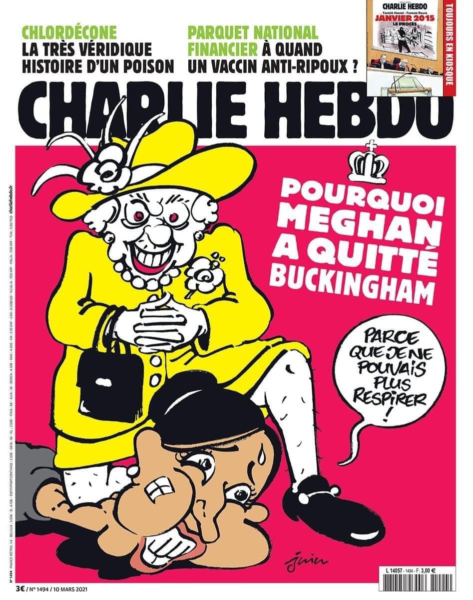 Charlie Hebdo опубликовал карикатуру, на которой Елизавета II душит Меган Маркл