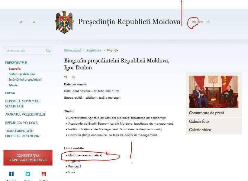 În prima zi de mandat a lui Igor Dodon, „moldoveneasca” a devenit limba oficială a site-ului președinției