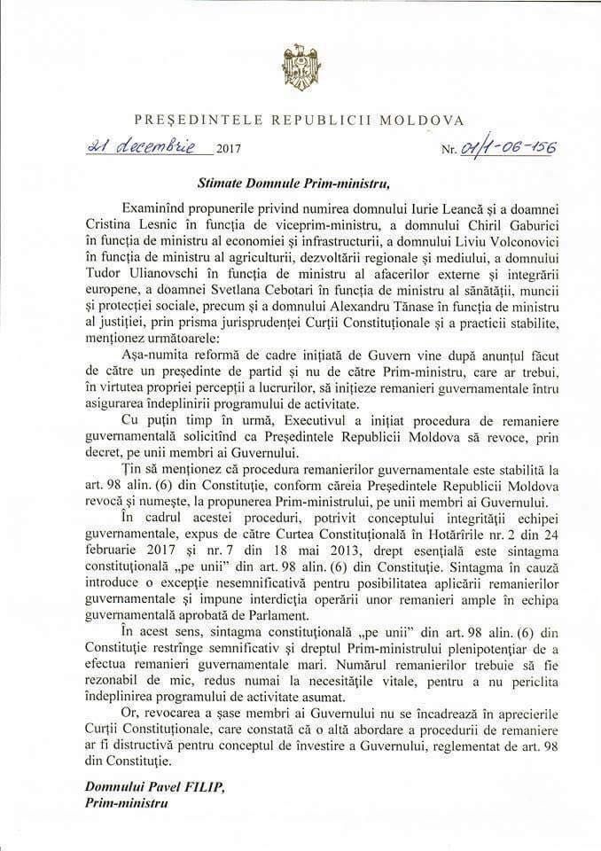 Igor Dodon a respins candidaturile la funcțiile de miniștri
