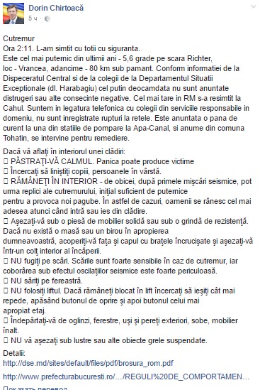 Chirtoacă: Este cel mai puternic cutremur din ultimii 25 de ani