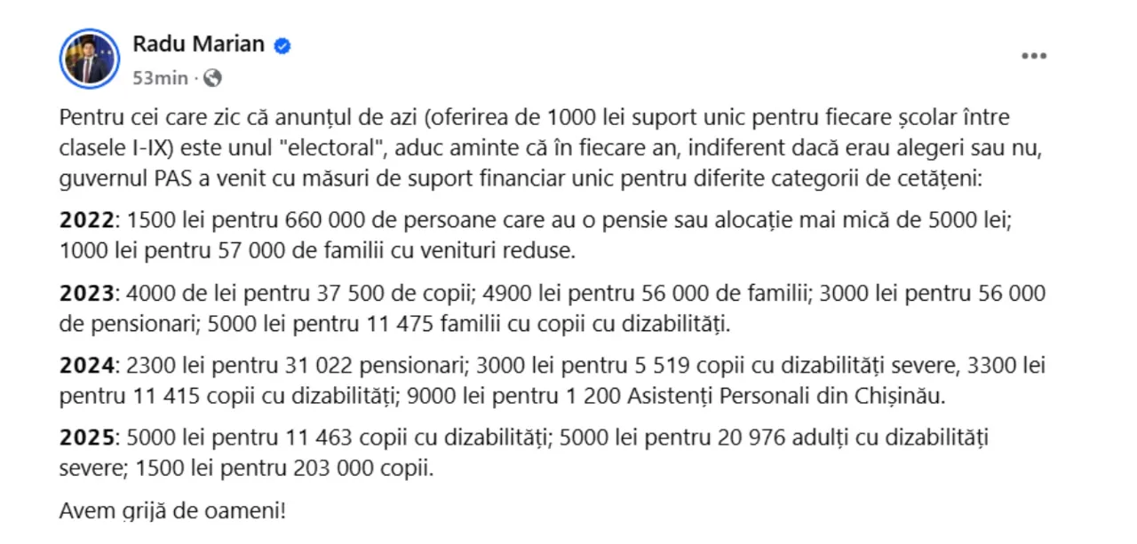 Marian, răspuns la acuzațiile Olesei Stamate: Avem grijă de oameni în fiecare an
