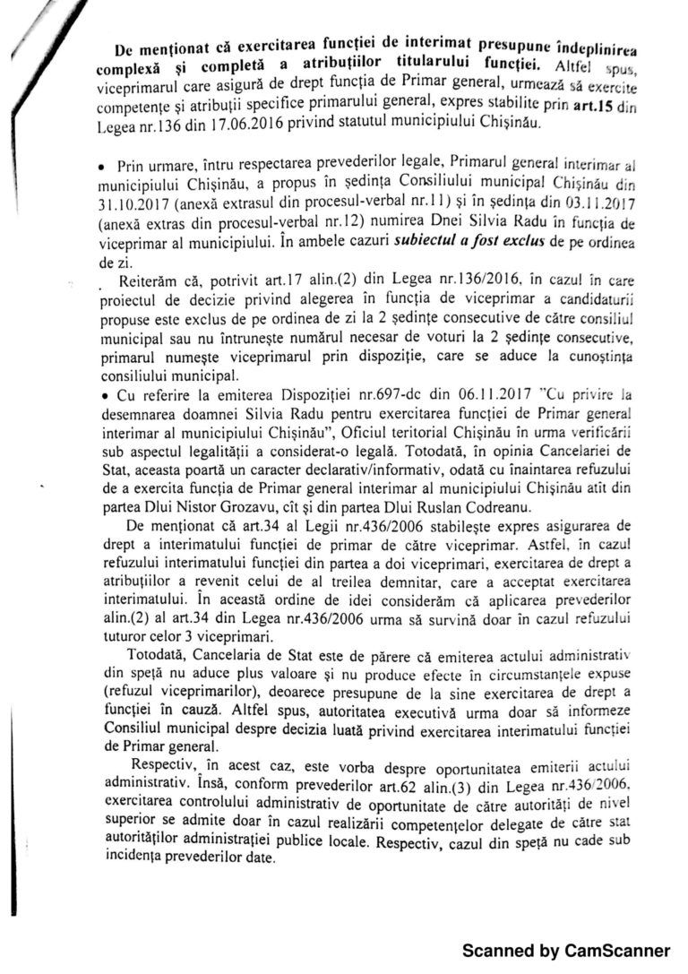 Cancelaria de Stat nu a depistat abateri legale în cazul numirii Silviei Radu în funcţia de primar general interimar