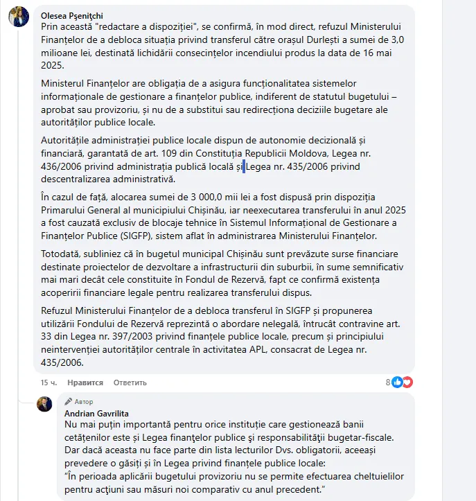 Dispută între Gavriliță și Pșenițchi privind banii pentru blocul din Durlești afectat de incendiu