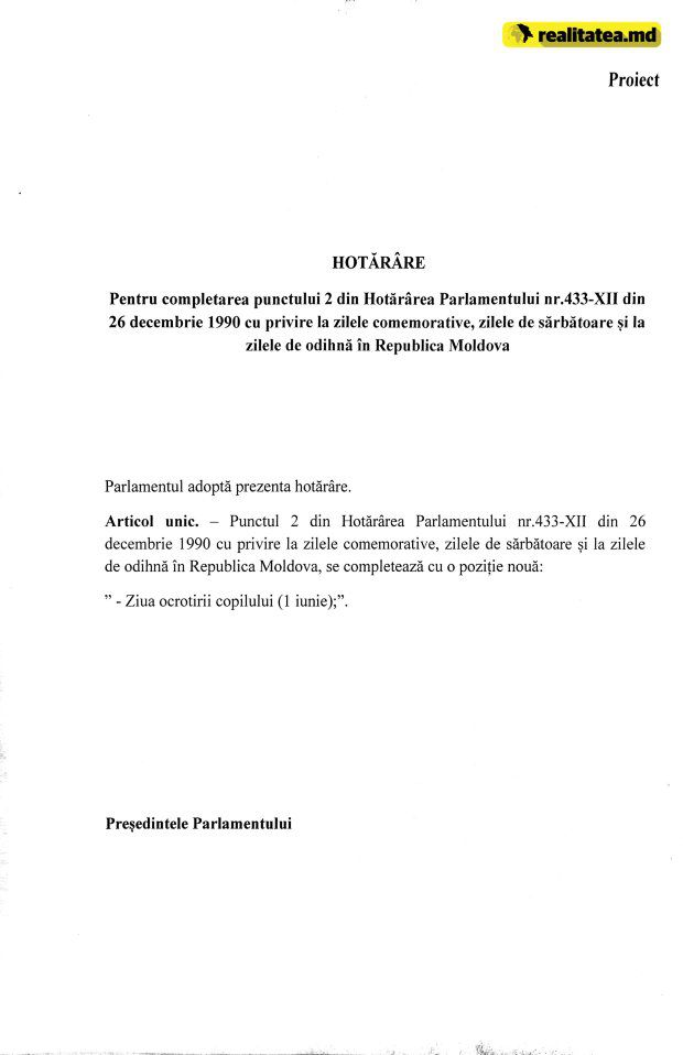 Ziua de 1 iunie ar putea fi declarată zi liberă pentru toți cetățenii Republicii Moldova
