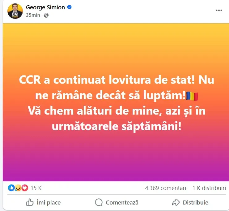 Simion s-a adresat susținătorilor săi: Nu ne rămâne decât să luptăm