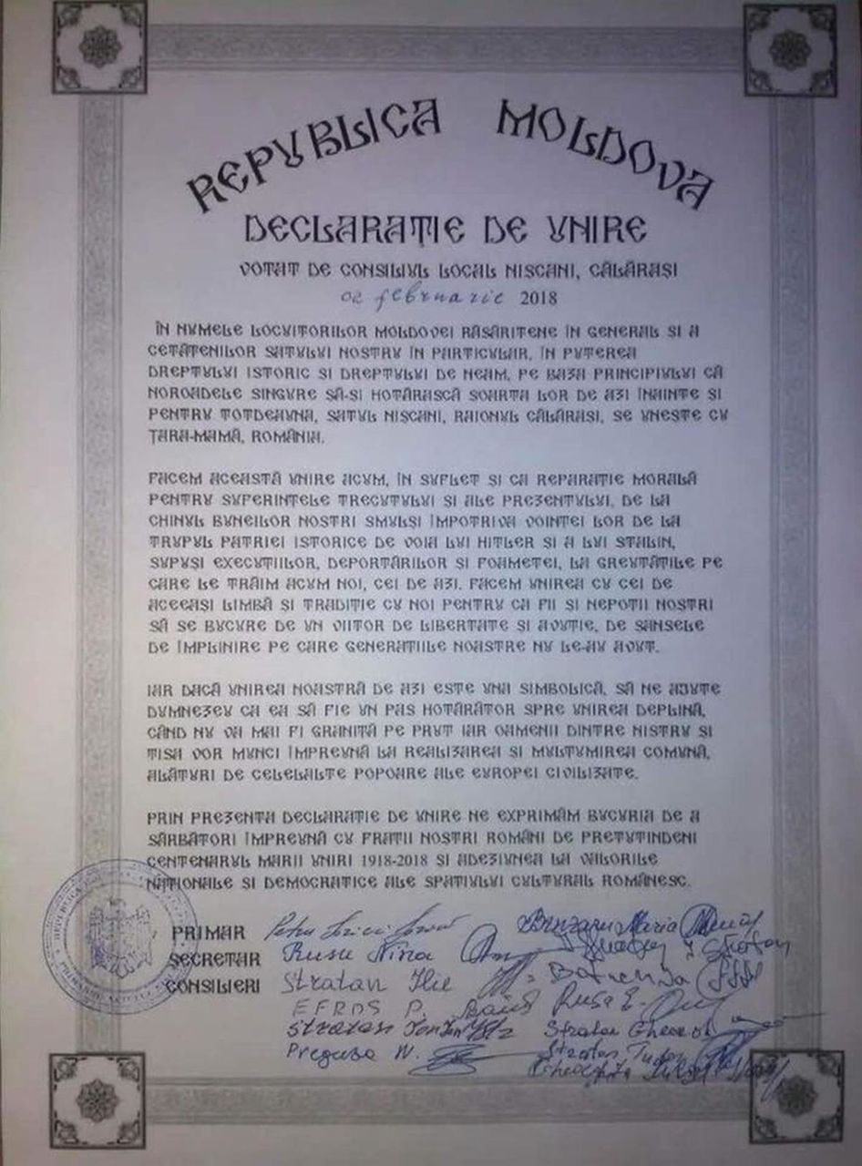 A 11-a localitate a semnat Declarația de Unire cu România. Documentul e votat unanim în consiliu
