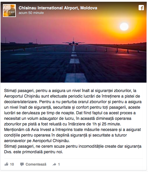 Motivul pentru care, în această dimineață, două zboruri au fost redirecționate de pe Aeroportul Chișinău la Iași
