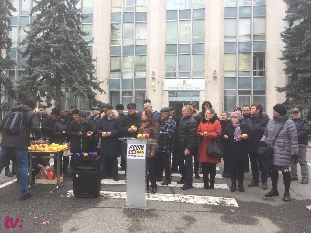 Блок ACUM протестовал у здания Правительства с яблоками и орехами