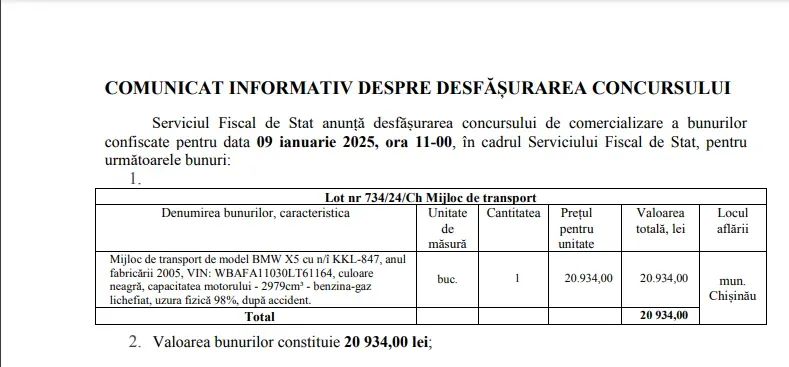 Serviciul Fiscal de Stat scoate la vânzare bunuri confiscate, inclusiv automobile