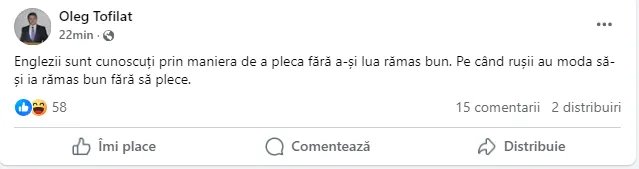 Tofilat, despre demisia lui Spînu: Englezii pleacă fără rămas bun, iar rușii își iau adio fără să plece