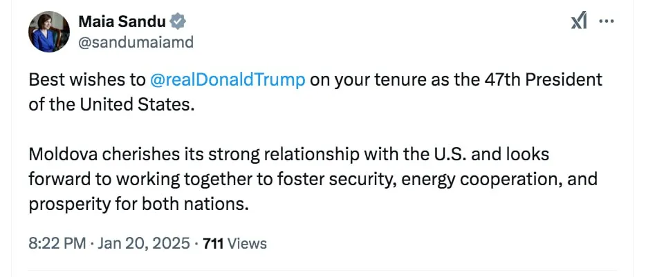 Санду поздравила Трампа: Молдова дорожит своими прочными отношениями с США