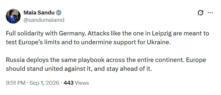 Майя Санду выразила солидарность Германии после инцидента с дроном в Лейпциге