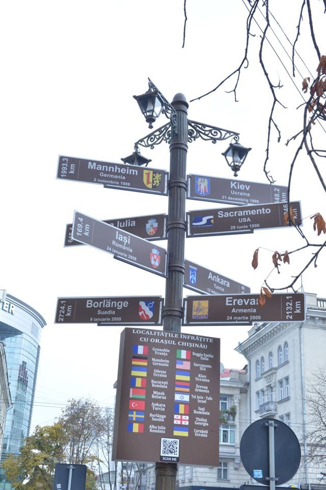Рядом с мэрией установили столб с названиями городов-побратимов Кишинева