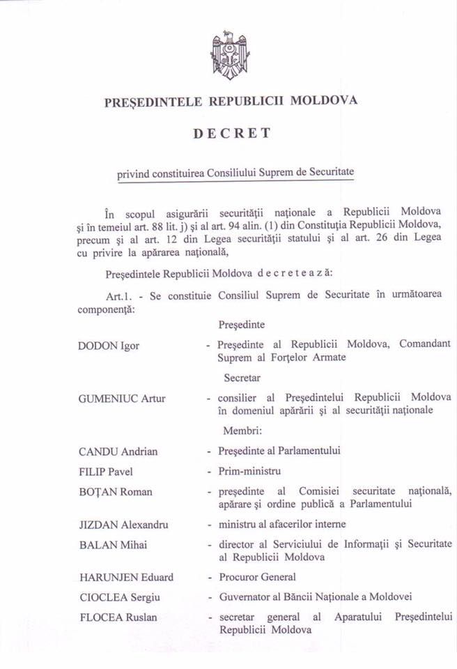 Додон утвердил новый состав Высшего совета безопасности