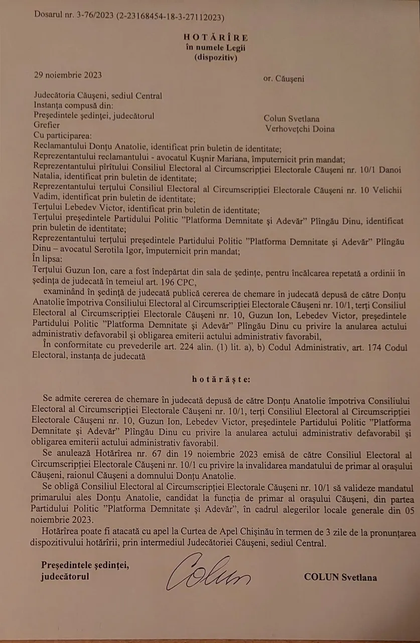 Суд обязал избирательный совет Каушан признать мандат избранного мэра Анатолия Донцу
