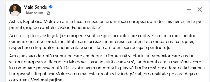 Майя Санду об открытии переговоров с ЕС: Это реальность, которую мы строим