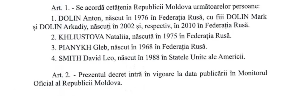 Помимо Долина, молдавское гражданство получили ещё четверо россиян и один американец