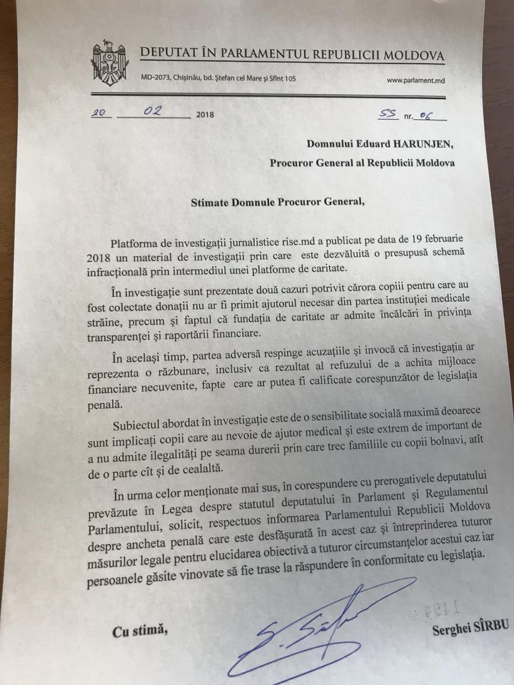 Sergiu Sîrbu cere Procuraturii Generale să informeze Parlamentul cu privire la investigația rise.md „Bani din caritate”